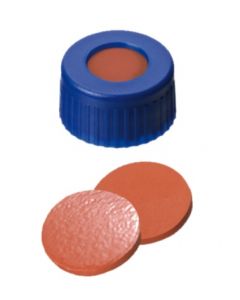 Bouchons à visser neochrom®, DN9, PP bleu avec trou, filetage court, septa caoutchouc rouge orangé/TEF incolore, 1x 100 pièces 
