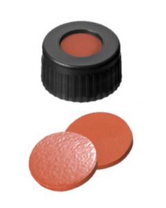Bouchons à visser neochrom®, DN9, PP noir avec trou, filetage court, septa caoutchouc naturel rouge orangé/TEF transparent, 1x 100 pièces 