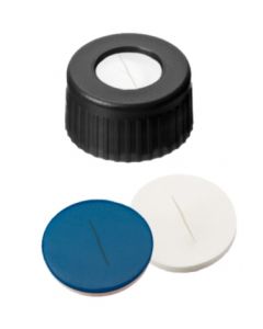Bouchons à visser neochrom®, DN9, PP noir avec trou, filetage court, septa silicone blanc/PTFE bleu fendu, 1x 100 pièces 
