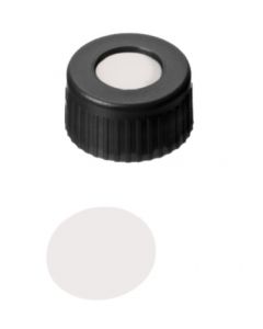 Bouchons à visser neochrom®, DN9, PP noir avec trou, filetage court, septa PTFE virginal, 1x 100 pièces