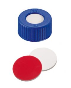 Bouchons à visser neochrom®, DN9, PP bleu avec trou, filetage court, septa silicone blanc/PTFE rouge, 1x 100 pièces