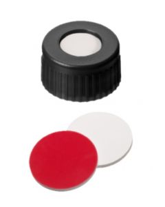 Bouchons à visser neochrom®, DN9, PP noir avec trou, filetage court, septa silicone blanc/PTFE rouge, 1x 100 pièces