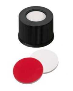 Bouchons à visser neochrom®, DN10, PP noir avec trou, septa silicone blanc/PTFE rouge, 1x 100 pièces