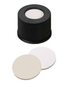 Bouchons à visser neochrom®, DN10, PP noir avec trou, septa silicone blanc/PTFE beige, 1x 100 pièces