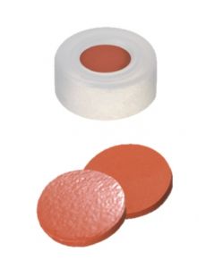 Bouchons à clipser neochrom®, DN11, PE transparent avec trou, septa caoutchouc naturel rouge orangé/TEF transparent, 1x 100 pièces 