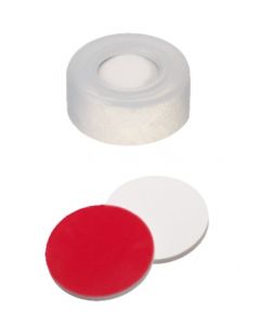 Bouchons à clipser neochrom®, DN11, PE transparent avec trou, septa silicone blanc/ PTFE rouge, 1x 100 pièces 