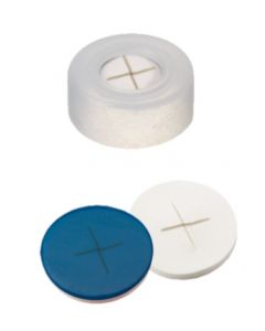 Bouchons à clipser neochrom®, DN11, PE transparent avec trou, septa silicone blanc/PTFE bleu fendu, 1x 100 pièces 