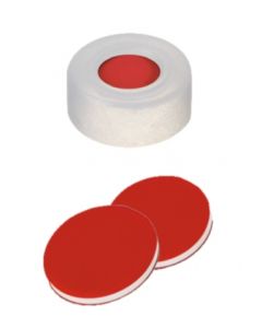 Bouchons à clipser neochrom®, DN11, PE transparent avec trou, septa PTFE rouge/silicone blanc/PTFE rouge, 1x 100 pièces 