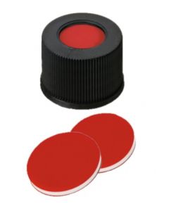 Bouchons à visser neochrom®, DN13, PP noir avec trou, septa PTFE rouge/silicone blanc/PTFE rouge, 1x 100 pièces