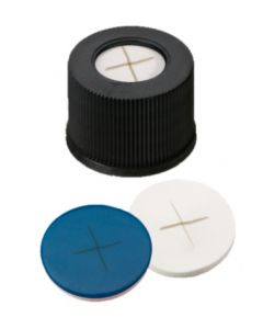 Bouchons à visser neochrom®, DN13, PP noir avec trou, septa silicone blanc/PTFE bleu fendu, 1x 100 pièces 