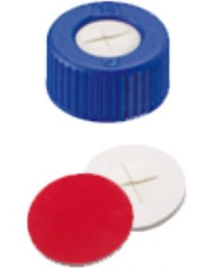 Bouchons à visser neochrom®, DN9, bleu avec trou, filetage court, septa silicone blanc/PTFE rouge fendu, 1x 100 pièces