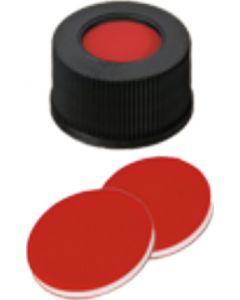 Bouchons à visser neochrom®, DN9, PP noir avec trou, filetage court, septa PTFE rouge/silicone blanc/PTFE rouge, 1x 100 pièces 
